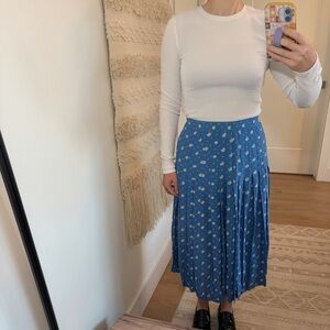 VINTAGE Blue Floral Dot Printed Pleated Skirt Size Small